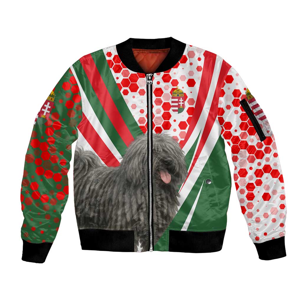 Hungary Sleeve Zip Bomber Jacket with Puli Dog Illustration Design and Red Green Hexagon - Wonder Print Shop