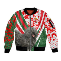 Hungary Sleeve Zip Bomber Jacket with Puli Dog Illustration Design and Red Green Hexagon - Wonder Print Shop