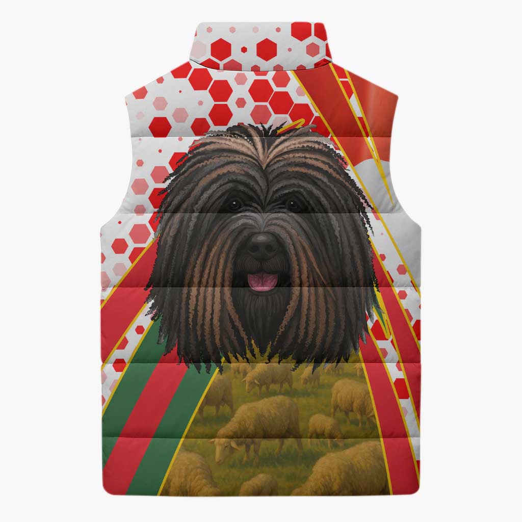 Hungary Sleeveless Puffer Jacket with Puli Dog Illustration Design and Red Green Hexagon - Wonder Print Shop