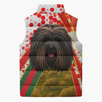 Hungary Sleeveless Puffer Jacket with Puli Dog Illustration Design and Red Green Hexagon - Wonder Print Shop