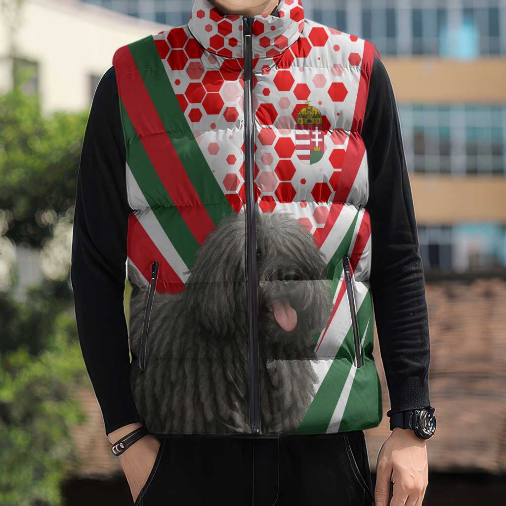 Hungary Sleeveless Puffer Jacket with Puli Dog Illustration Design and Red Green Hexagon - Wonder Print Shop