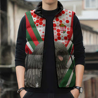 Hungary Sleeveless Puffer Jacket with Puli Dog Illustration Design and Red Green Hexagon - Wonder Print Shop