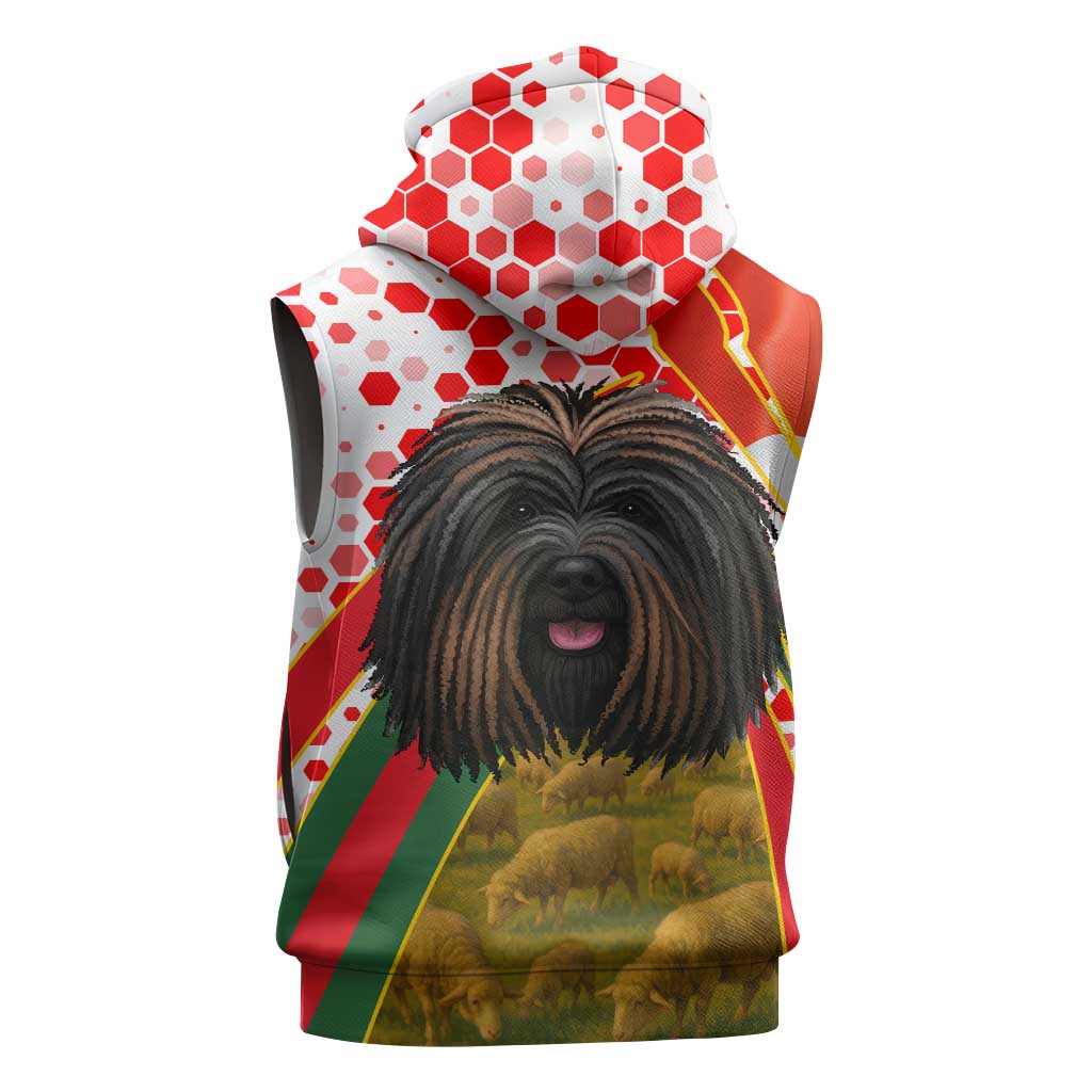 Hungary Sleeveless Zip Hoodie with Puli Dog Illustration Design and Red Green Hexagon - Wonder Print Shop