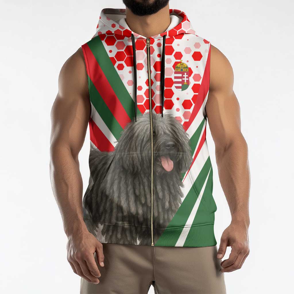 Hungary Sleeveless Zip Hoodie with Puli Dog Illustration Design and Red Green Hexagon - Wonder Print Shop