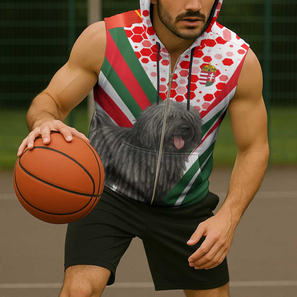 Hungary Sleeveless Zip Hoodie with Puli Dog Illustration Design and Red Green Hexagon - Wonder Print Shop