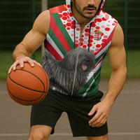 Hungary Sleeveless Zip Hoodie with Puli Dog Illustration Design and Red Green Hexagon - Wonder Print Shop