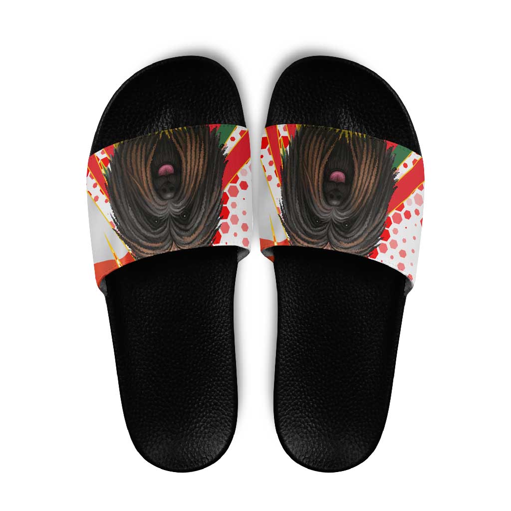 Hungary Slide Sandals with Puli Dog Illustration Design and Red Green Hexagon - Wonder Print Shop