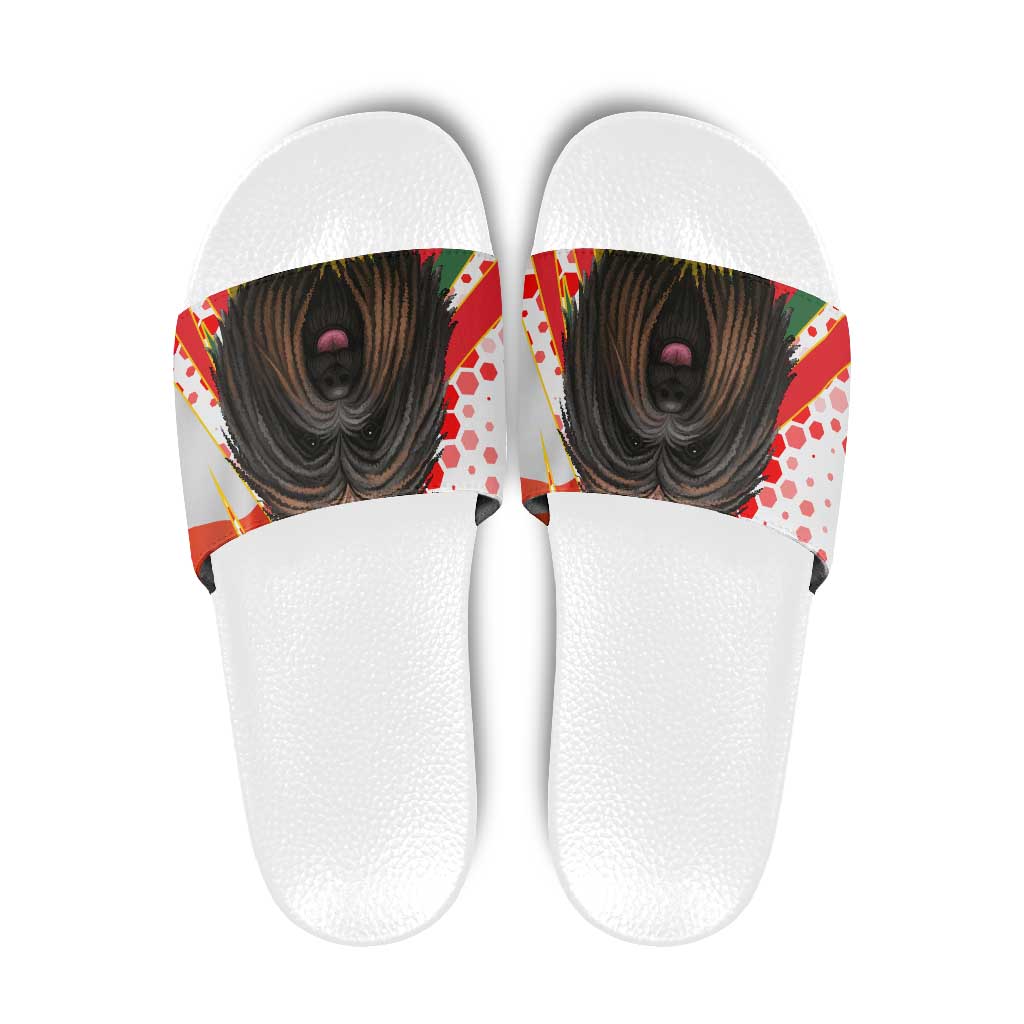 Hungary Slide Sandals with Puli Dog Illustration Design and Red Green Hexagon - Wonder Print Shop