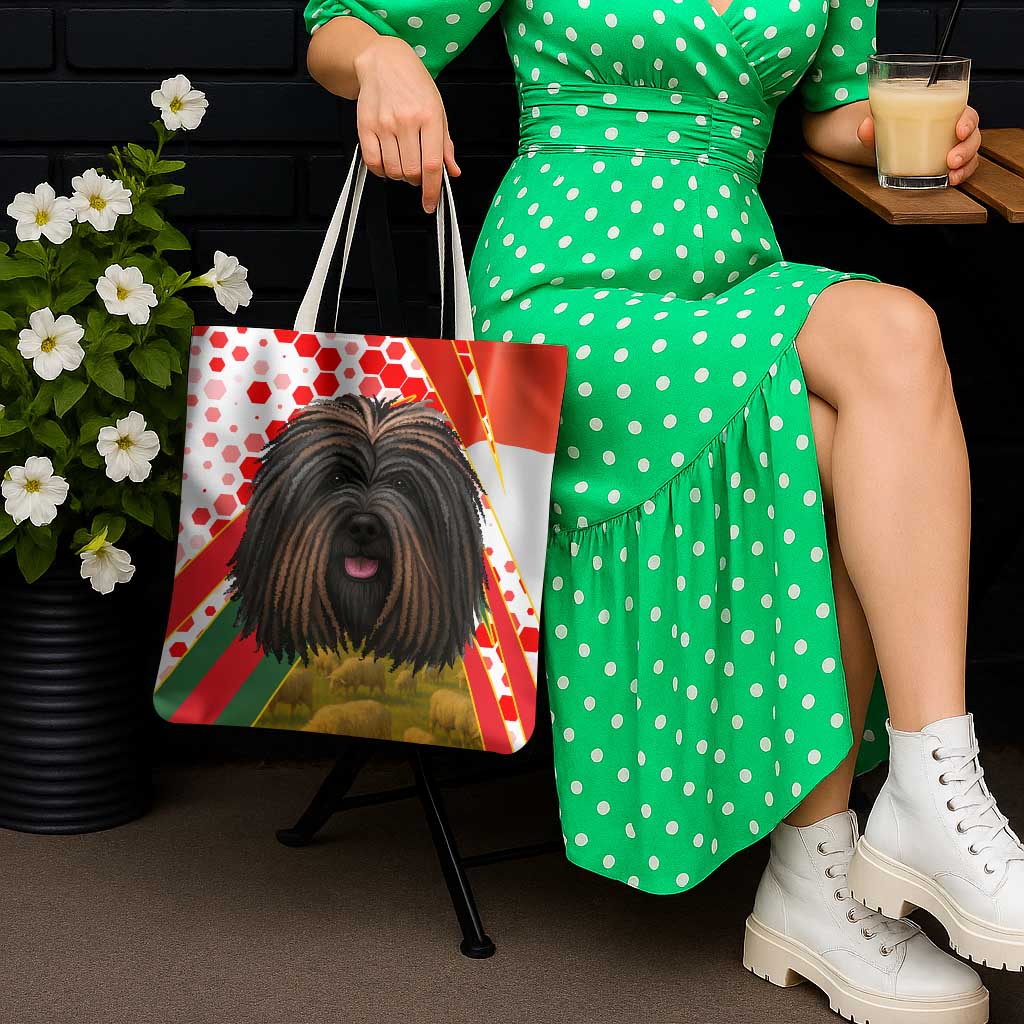 Hungary Tote Bag with Puli Dog Illustration Design and Red Green Hexagon - Wonder Print Shop