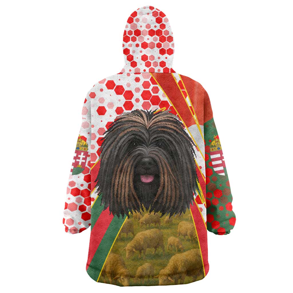 Hungary Wearable Blanket Hoodie with Puli Dog Illustration Design and Red Green Hexagon - Wonder Print Shop