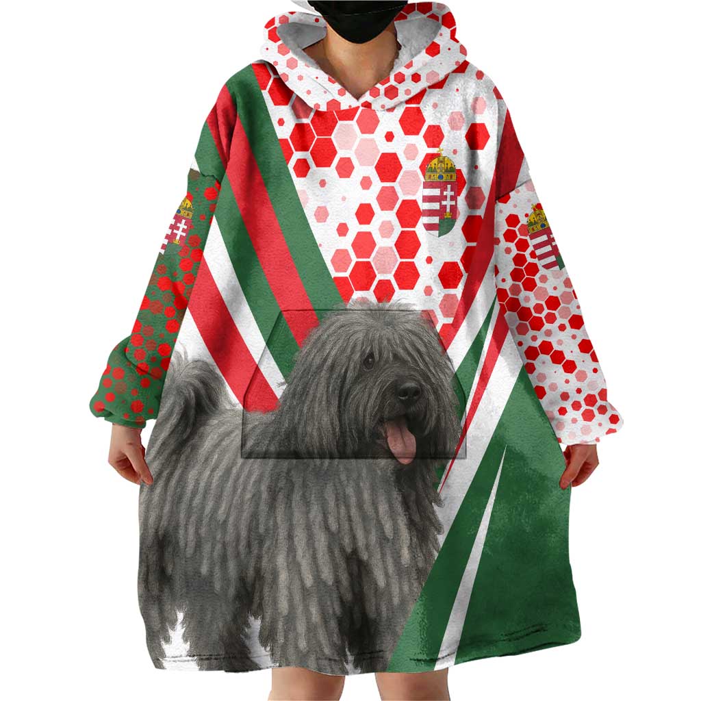 Hungary Wearable Blanket Hoodie with Puli Dog Illustration Design and Red Green Hexagon - Wonder Print Shop