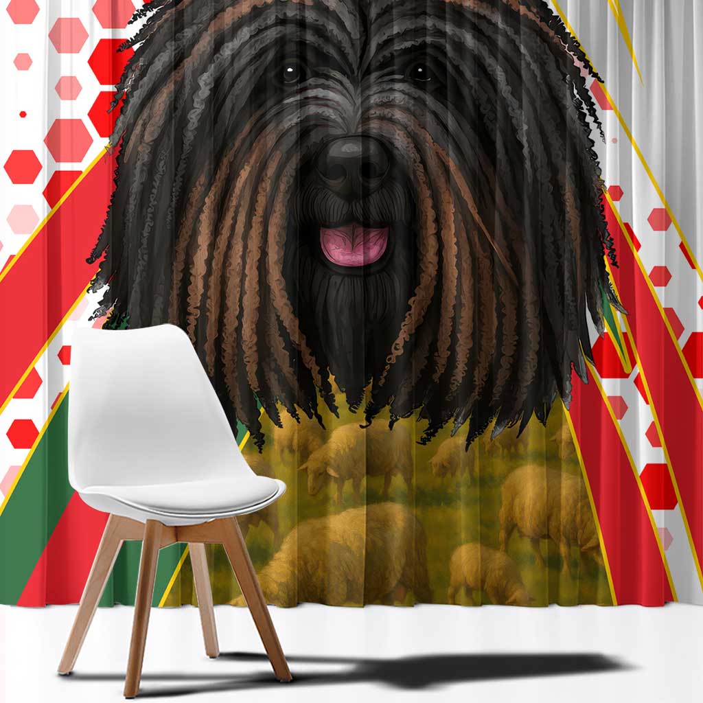 Hungary Window Curtain with Puli Dog Illustration Design and Red Green Hexagon - Wonder Print Shop