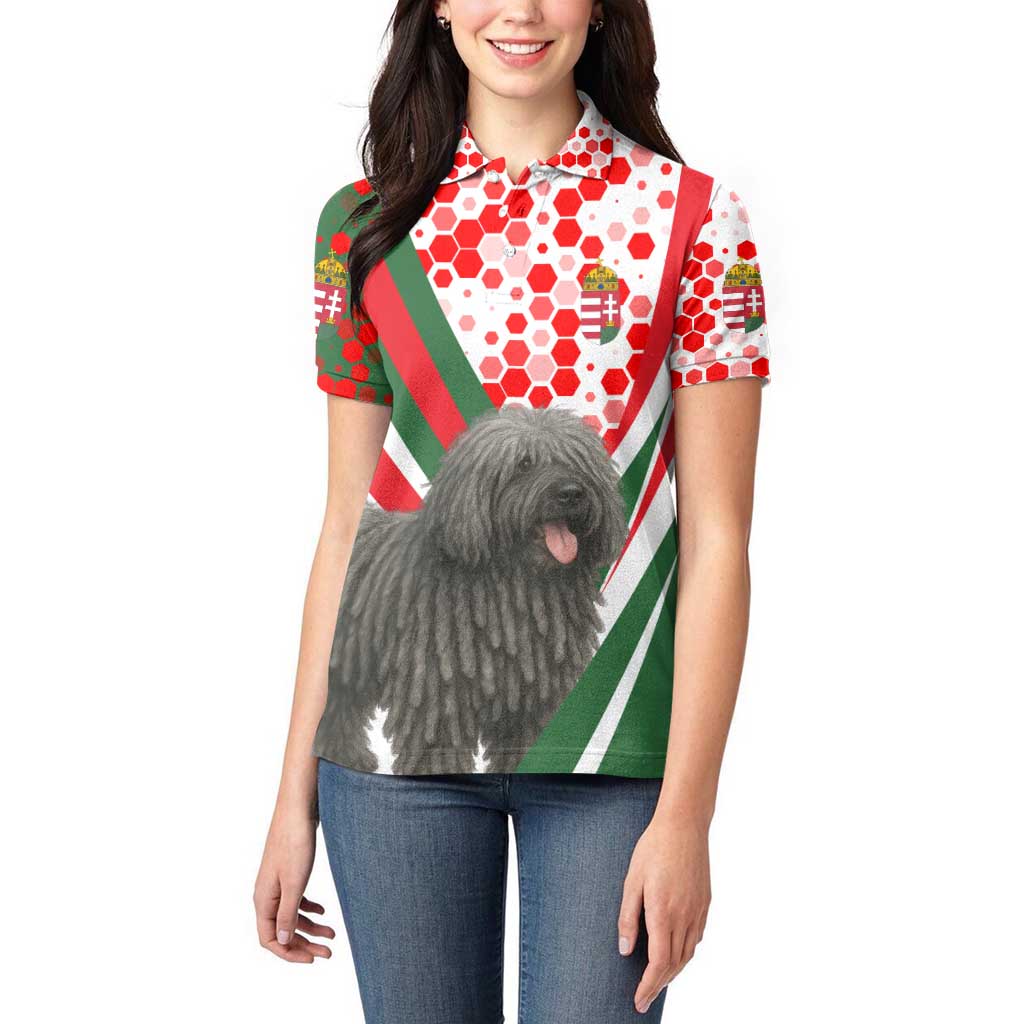 Hungary Women Polo Shirt with Puli Dog Illustration Design and Red Green Hexagon - Wonder Print Shop