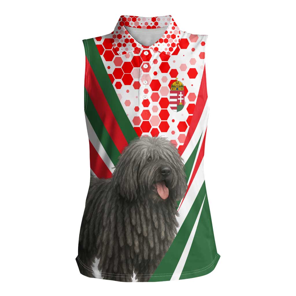 Hungary Women Sleeveless Polo Shirt with Puli Dog Illustration Design and Red Green Hexagon - Wonder Print Shop