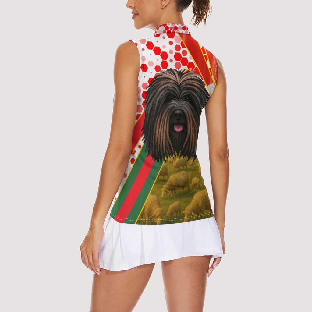 Hungary Women Sleeveless Polo Shirt with Puli Dog Illustration Design and Red Green Hexagon - Wonder Print Shop