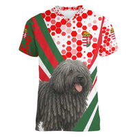 Hungary Women V-Neck T-Shirt with Puli Dog Illustration Design and Red Green Hexagon - Wonder Print Shop