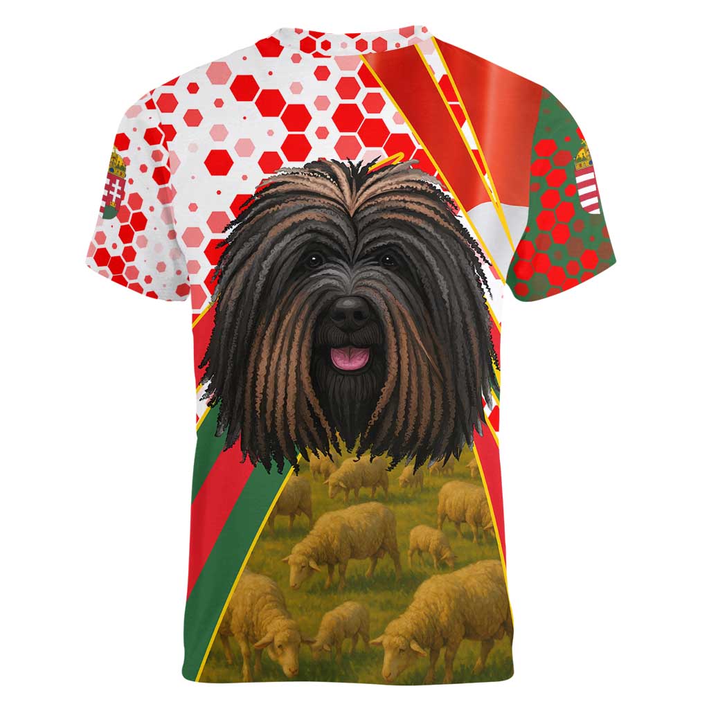 Hungary Women V-Neck T-Shirt with Puli Dog Illustration Design and Red Green Hexagon - Wonder Print Shop