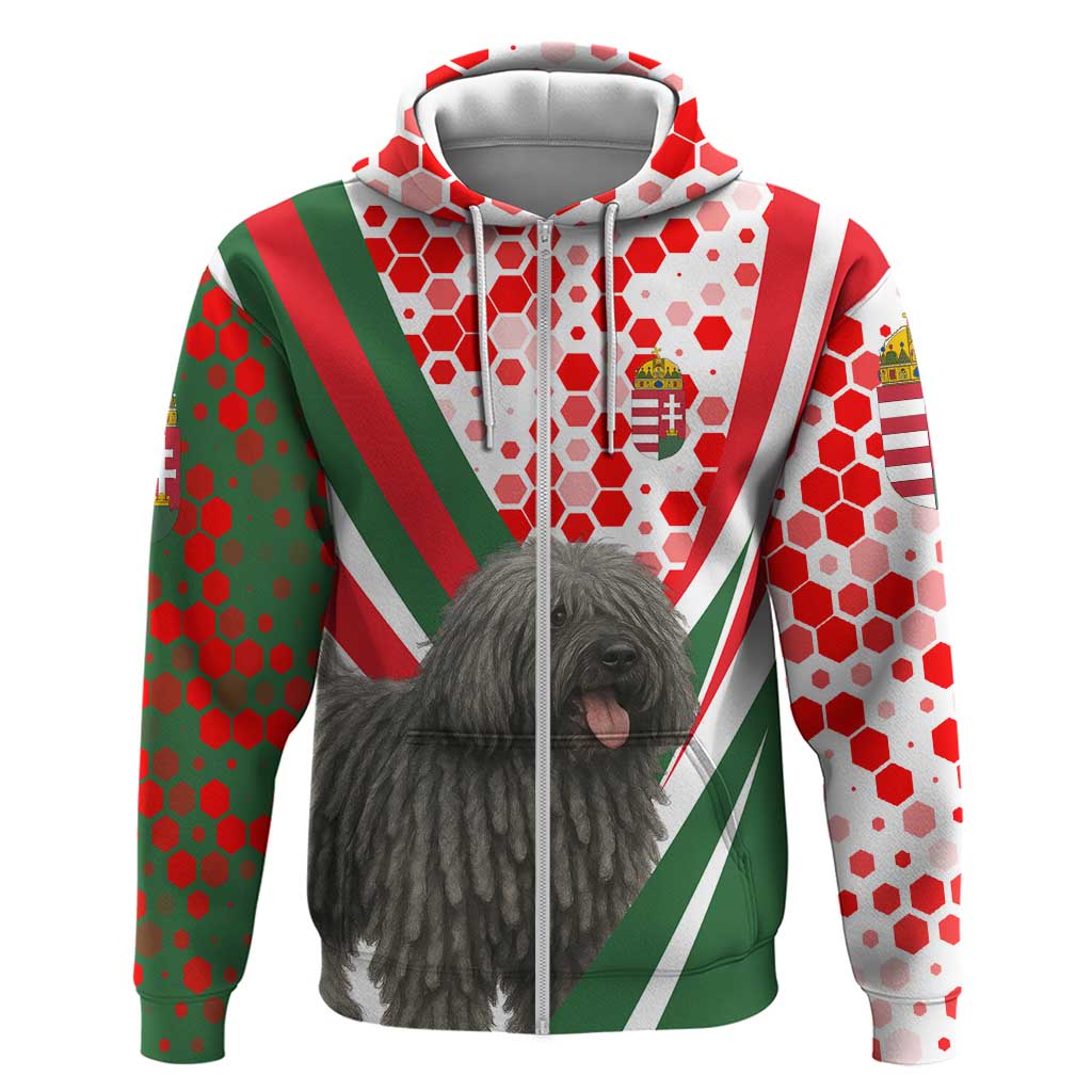 Hungary Zip Hoodie with Puli Dog Illustration Design and Red Green Hexagon - Wonder Print Shop