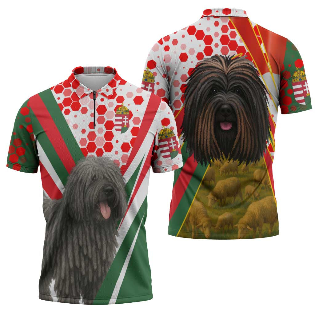 Hungary Zipper Polo Shirt with Puli Dog Illustration Design and Red Green Hexagon - Wonder Print Shop