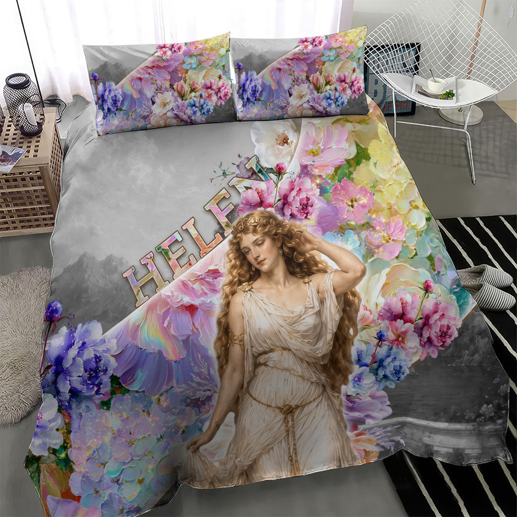 Helen Of Troy Bedding Set Ancient Greek Mythology Floral Goddess Portrait