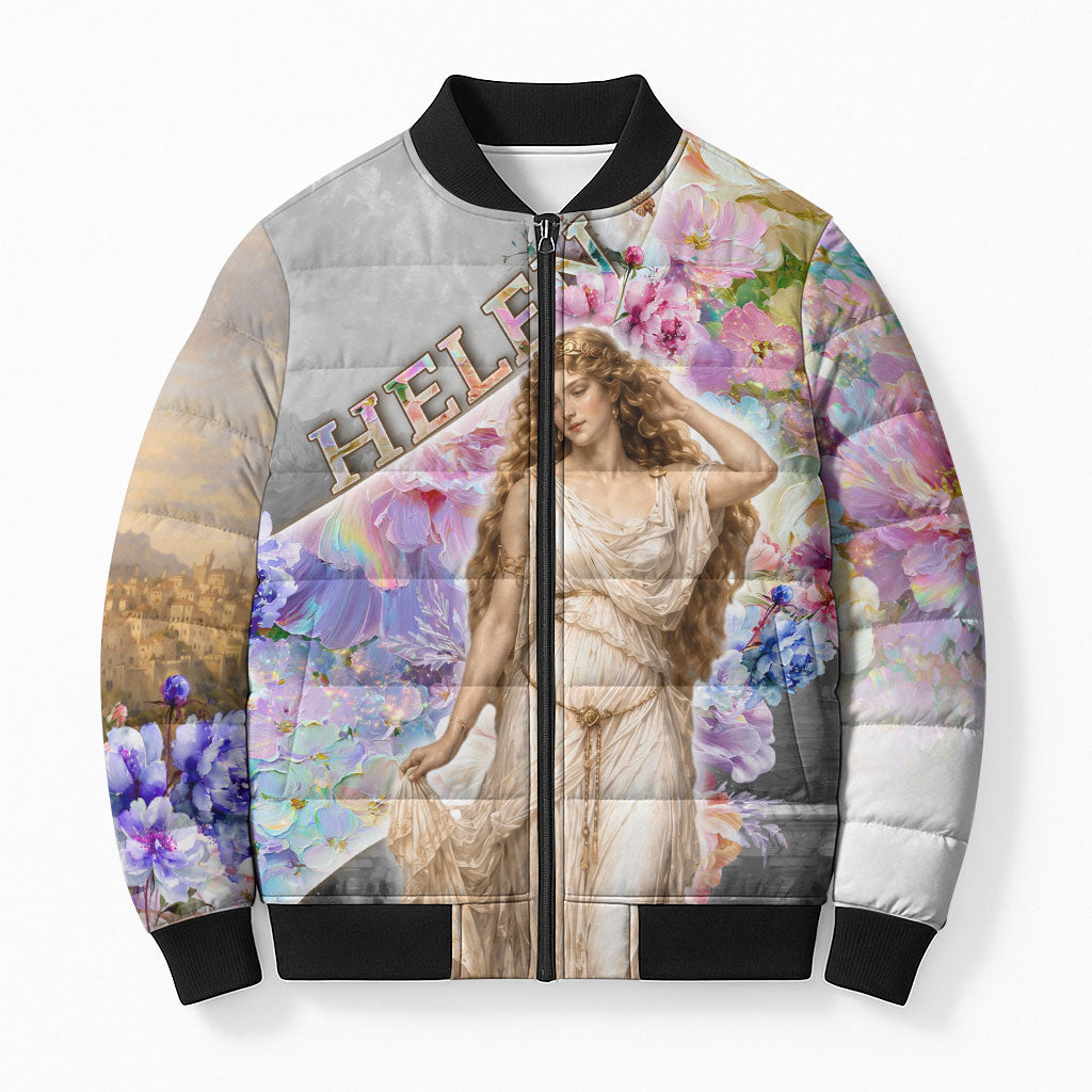 Helen Of Troy Bomber Puffer Jacket Ancient Greek Mythology Floral Goddess Portrait