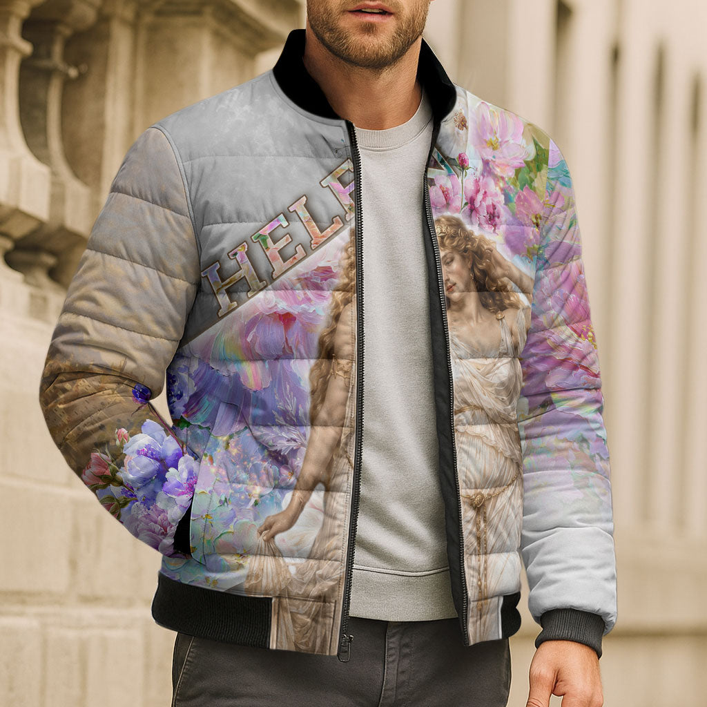 Helen Of Troy Bomber Puffer Jacket Ancient Greek Mythology Floral Goddess Portrait