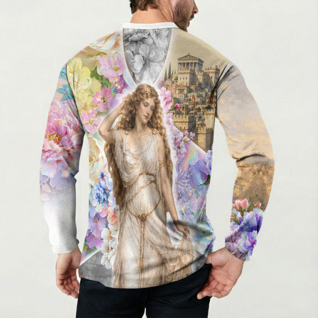 Helen Of Troy Button Sweatshirt Ancient Greek Mythology Floral Goddess Portrait