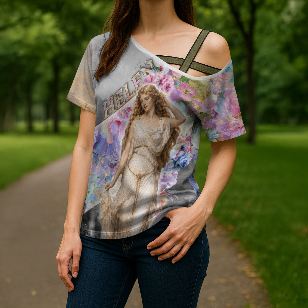 Helen Of Troy Cross Shoulder Shirt Ancient Greek Mythology Floral Goddess Portrait