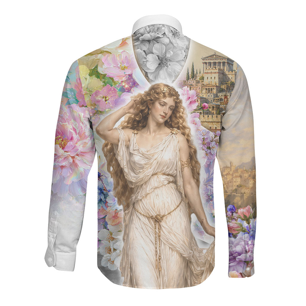 Helen Of Troy Long Sleeve Button Shirt Ancient Greek Mythology Floral Goddess Portrait