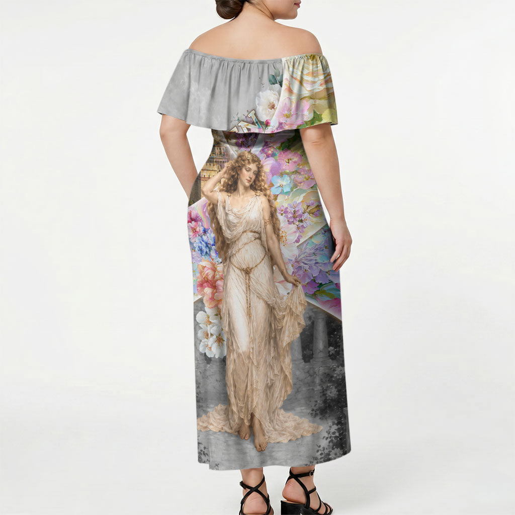 Helen Of Troy Off Shoulder Maxi Dress Ancient Greek Mythology Floral Goddess Portrait