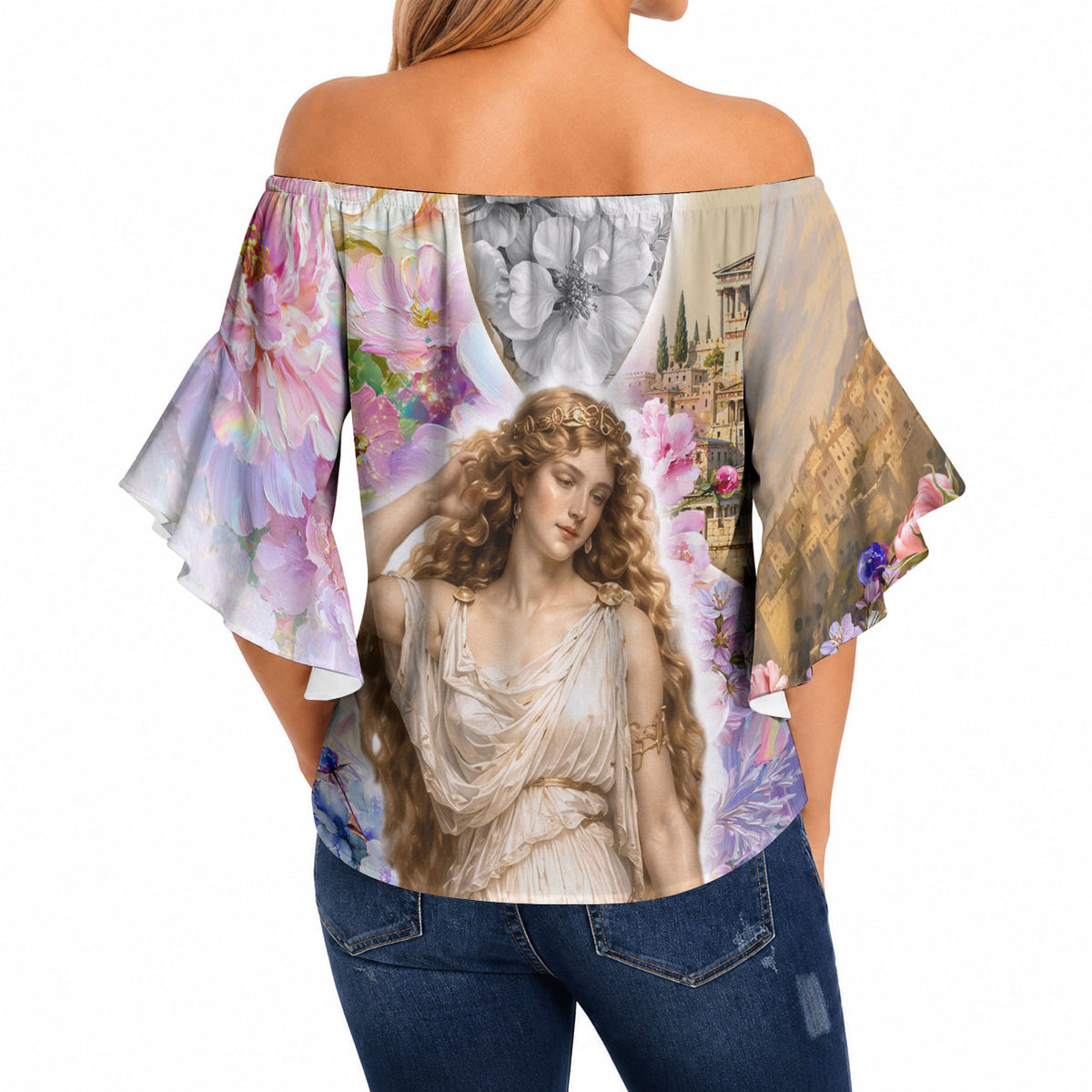 Helen Of Troy Off Shoulder Wrap Waist Top Ancient Greek Mythology Floral Goddess Portrait