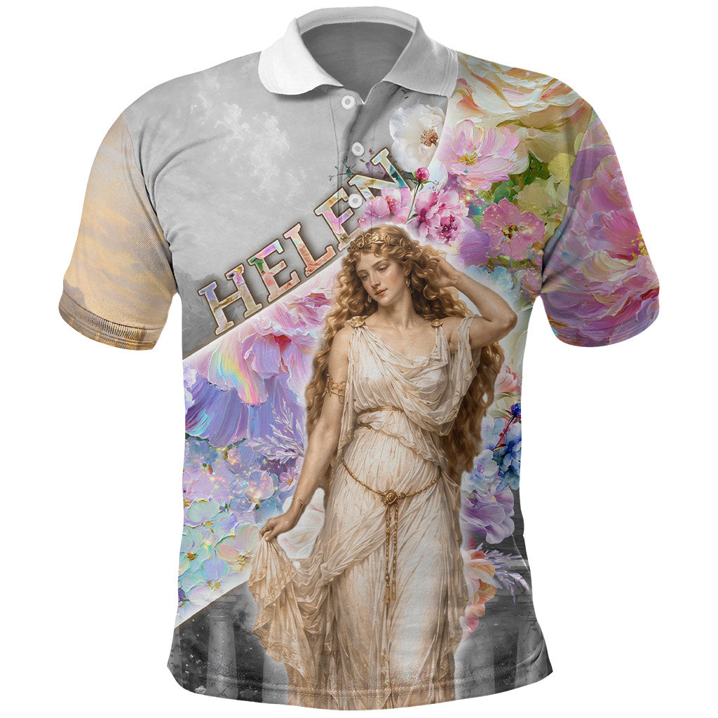 Helen Of Troy Polo Shirt Ancient Greek Mythology Floral Goddess Portrait