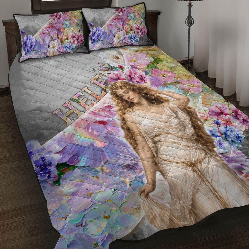 Helen Of Troy Quilt Bed Set Ancient Greek Mythology Floral Goddess Portrait