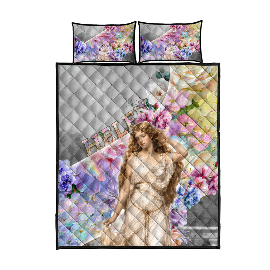 Helen Of Troy Quilt Bed Set Ancient Greek Mythology Floral Goddess Portrait