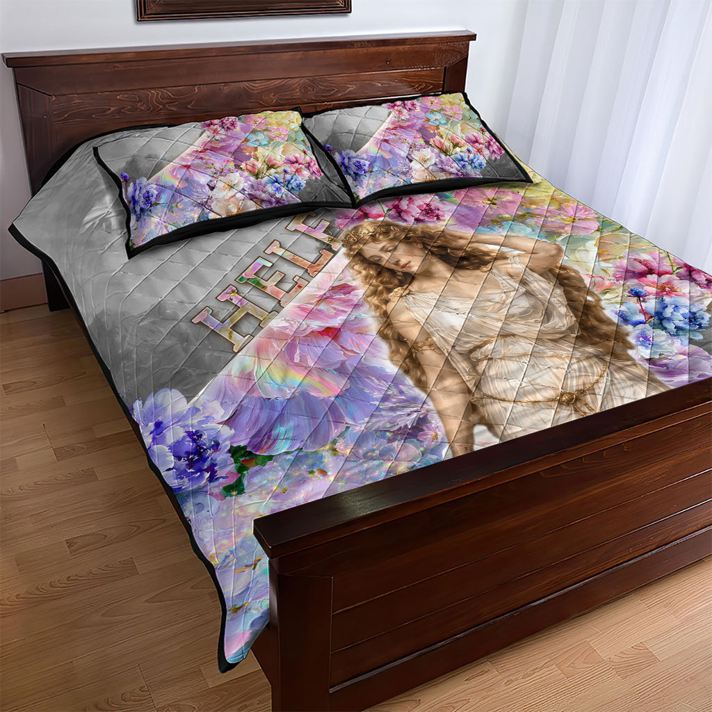 Helen Of Troy Quilt Bed Set Ancient Greek Mythology Floral Goddess Portrait