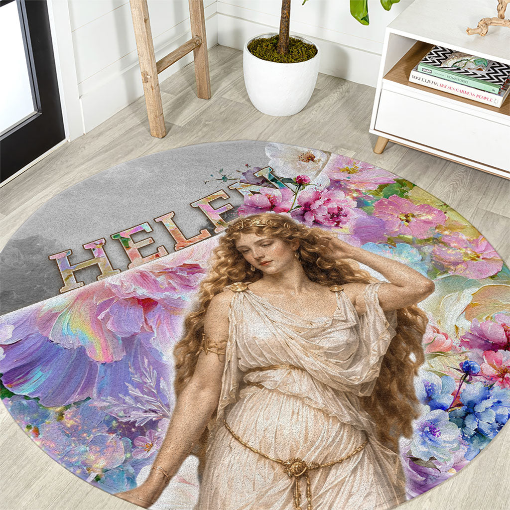 Helen Of Troy Round Carpet Ancient Greek Mythology Floral Goddess Portrait
