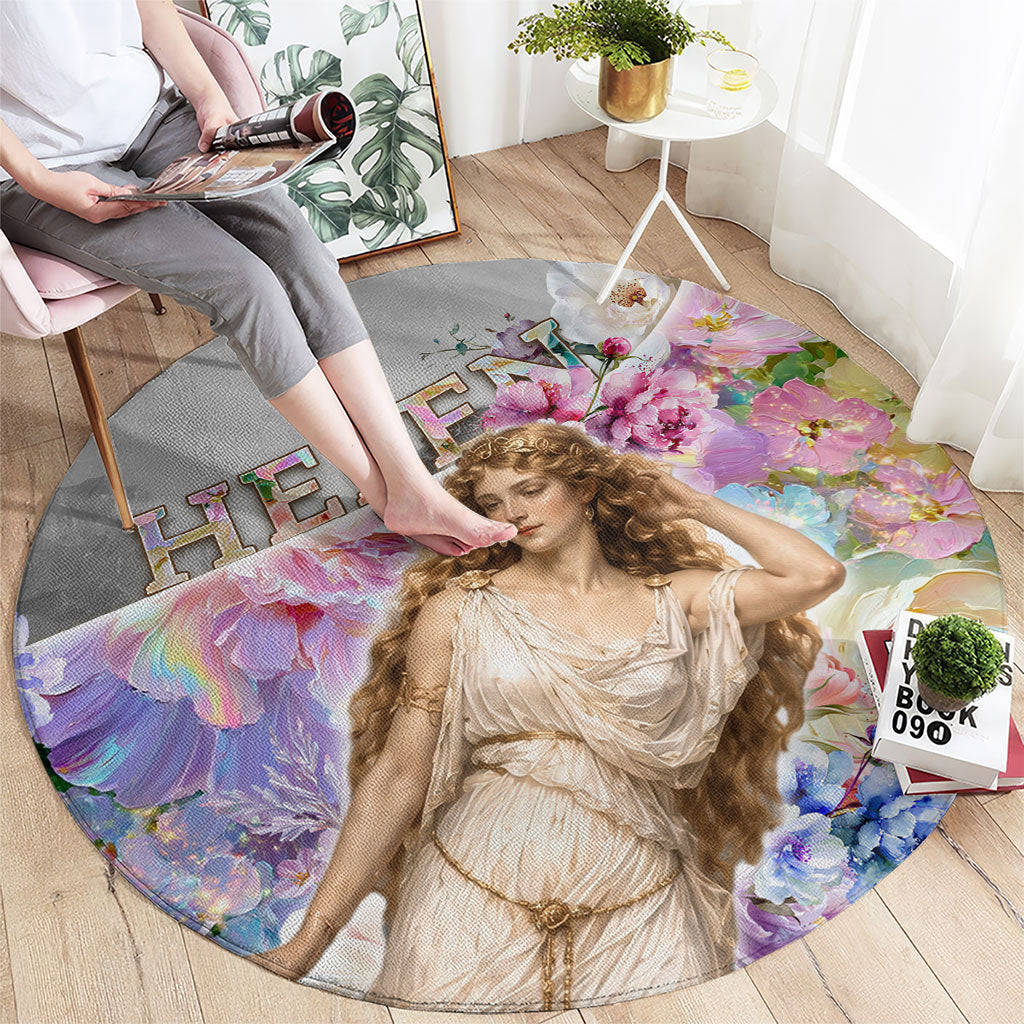 Helen Of Troy Round Carpet Ancient Greek Mythology Floral Goddess Portrait