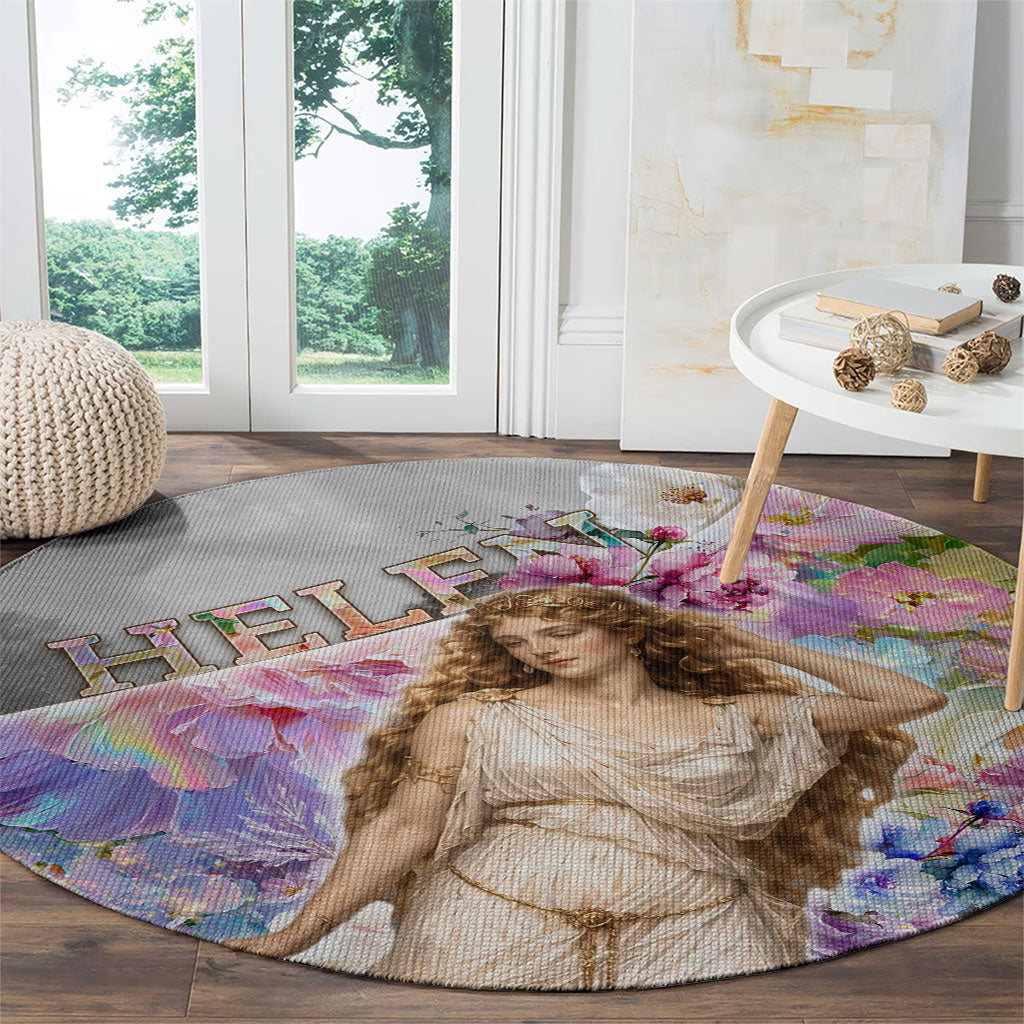 Helen Of Troy Round Carpet Ancient Greek Mythology Floral Goddess Portrait