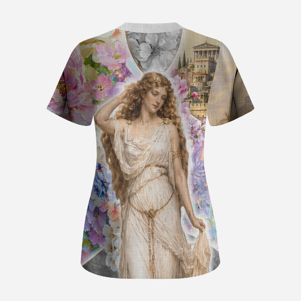 Helen Of Troy Scrub Top Ancient Greek Mythology Floral Goddess Portrait