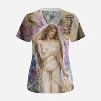 Helen Of Troy Scrub Top Ancient Greek Mythology Floral Goddess Portrait