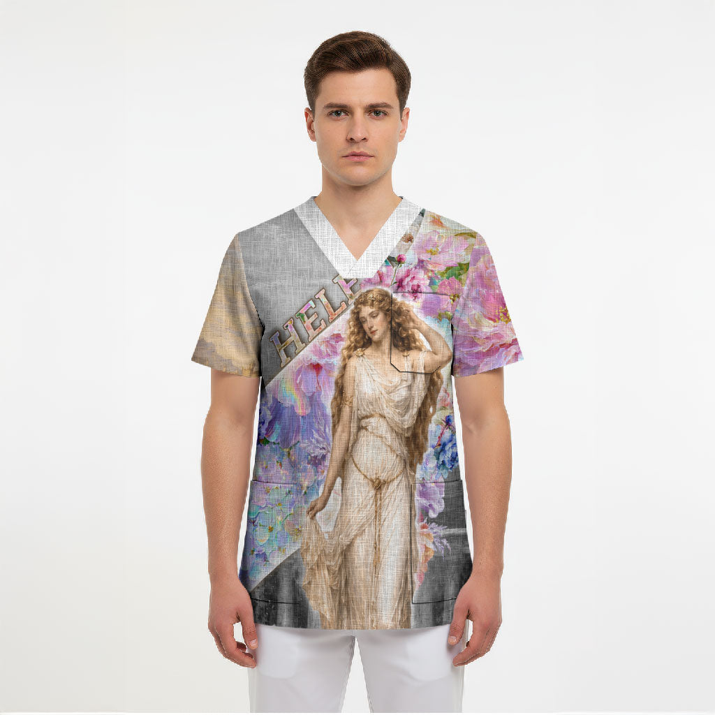 Helen Of Troy Scrub Top Ancient Greek Mythology Floral Goddess Portrait