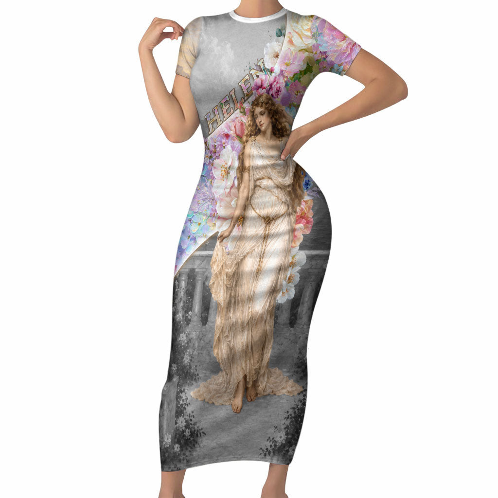 Helen Of Troy Short Sleeve Bodycon Dress Ancient Greek Mythology Floral Goddess Portrait