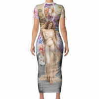 Helen Of Troy Short Sleeve Bodycon Dress Ancient Greek Mythology Floral Goddess Portrait