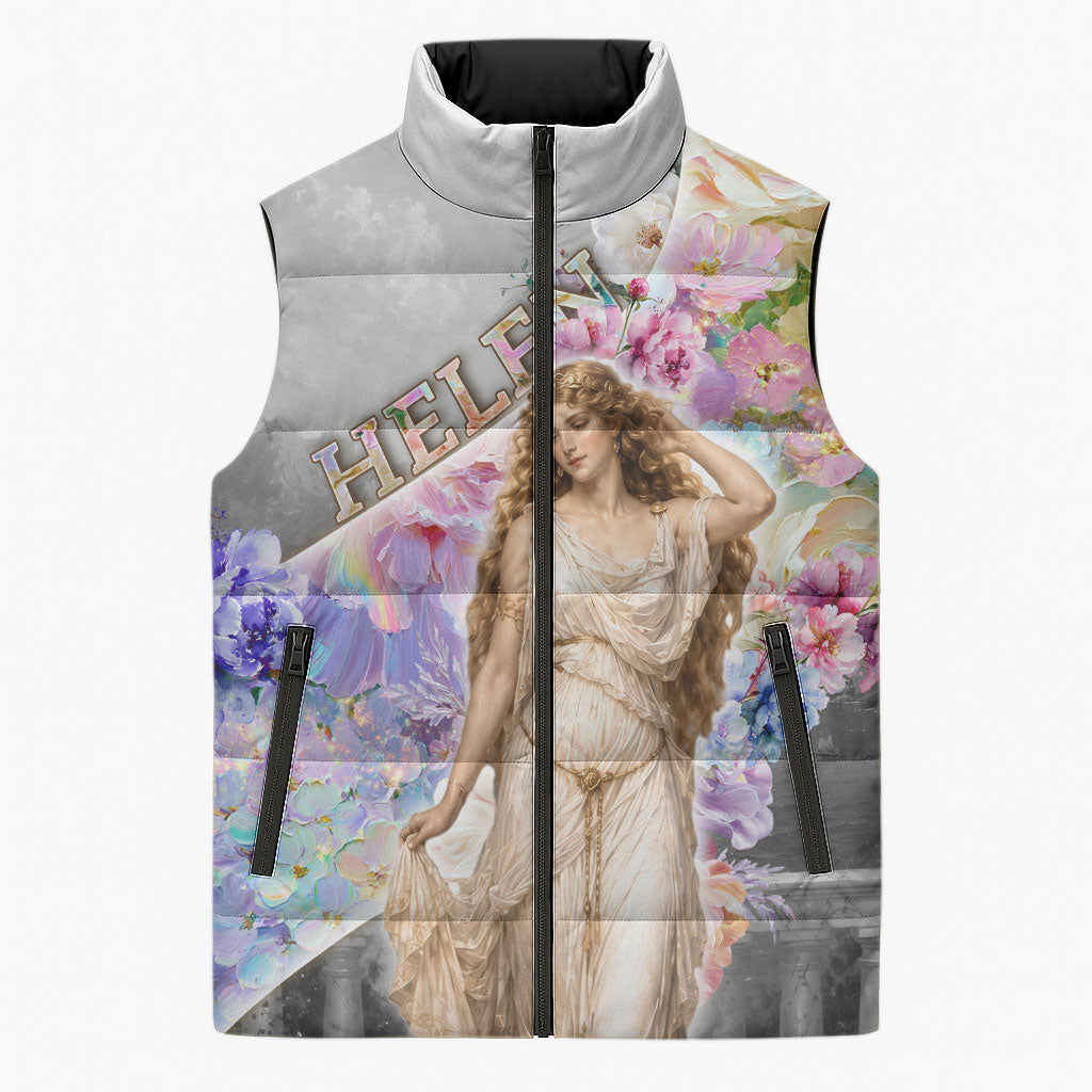 Helen Of Troy Sleeveless Puffer Jacket Ancient Greek Mythology Floral Goddess Portrait