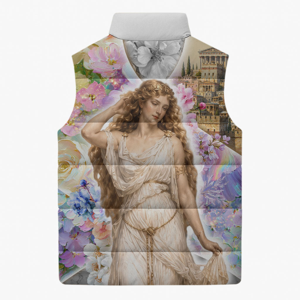 Helen Of Troy Sleeveless Puffer Jacket Ancient Greek Mythology Floral Goddess Portrait