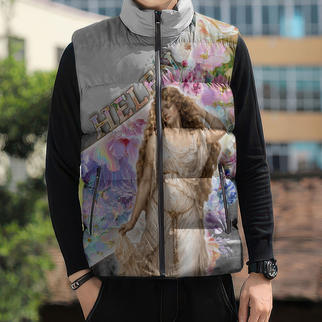 Helen Of Troy Sleeveless Puffer Jacket Ancient Greek Mythology Floral Goddess Portrait