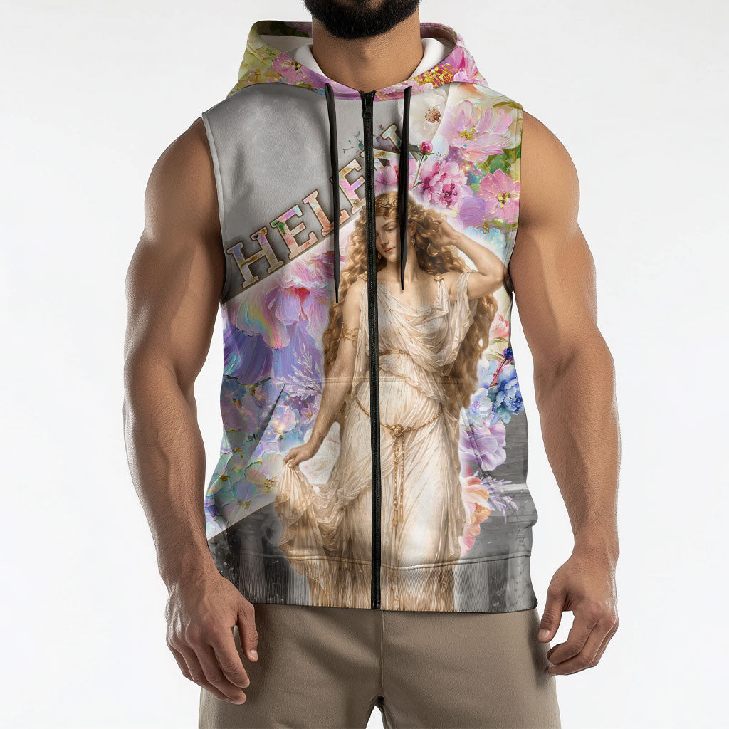 Helen Of Troy Sleeveless Zip Hoodie Ancient Greek Mythology Floral Goddess Portrait