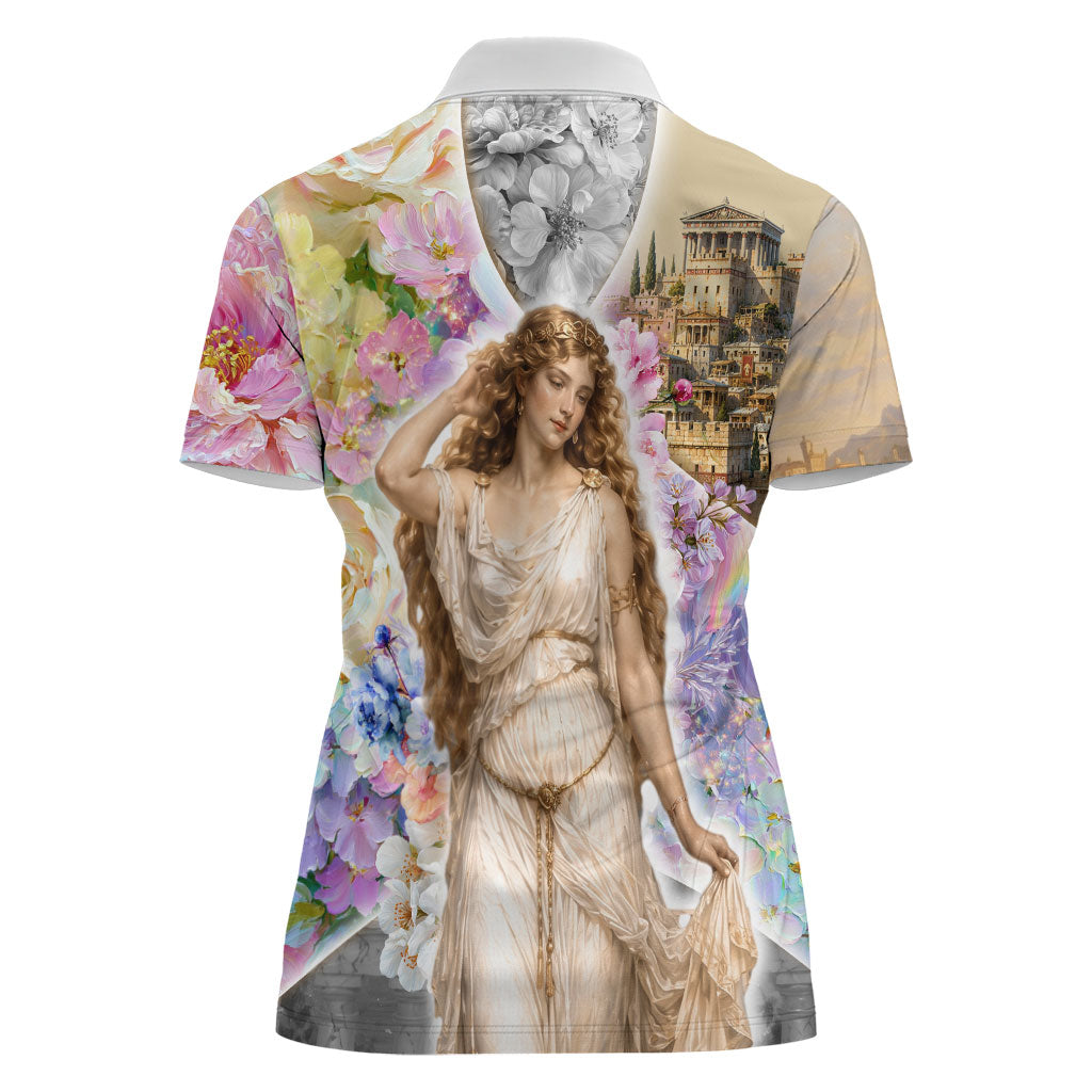 Helen Of Troy Women Polo Shirt Ancient Greek Mythology Floral Goddess Portrait