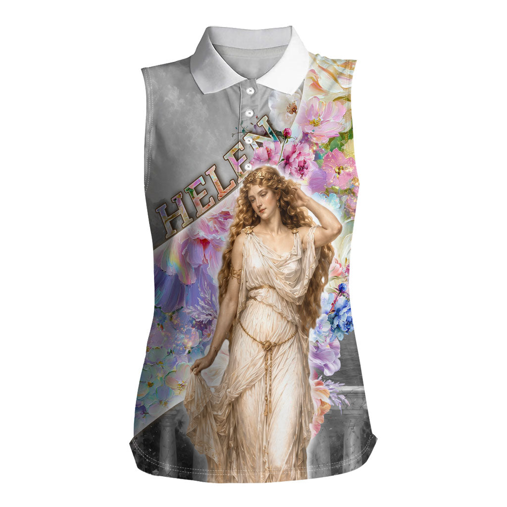 Helen Of Troy Women Sleeveless Polo Shirt Ancient Greek Mythology Floral Goddess Portrait