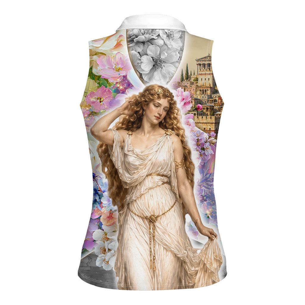 Helen Of Troy Women Sleeveless Polo Shirt Ancient Greek Mythology Floral Goddess Portrait